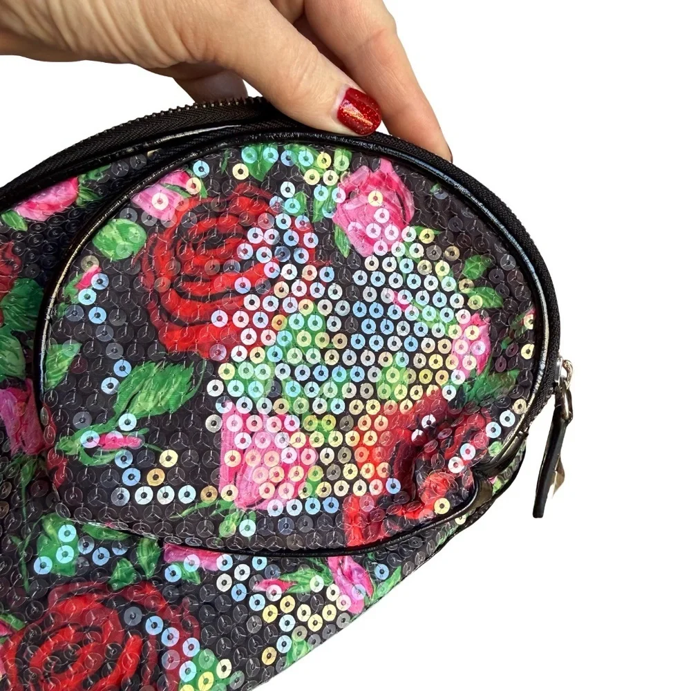 Betsey Johnson Sequin Rose Black Floral Cosmetic Bag - Set of 2